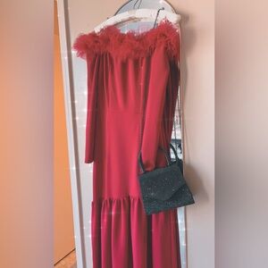 Elegant Red ruffle trim off shoulder dress. (Purse not included)